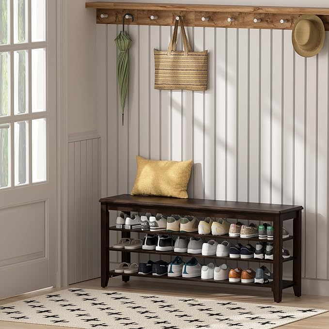 Shoe Rack Bench with Rubberwood Flat Top and 3 Adjustable Shelves – Wooden Shoe Rack for Entryway, Hallway, Mudroom, Front Door, or Small Spaces