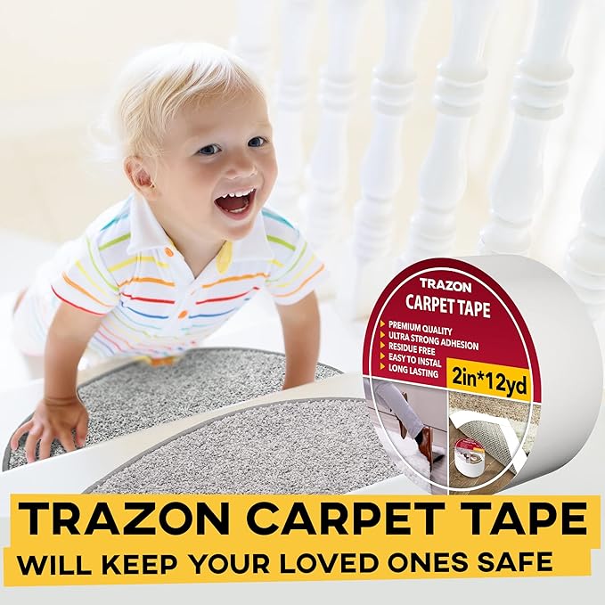 Carpet Tape Double Sided - Rug Tape Grippers for Hardwood Floors and Area Rugs - Carpet Binding Tape Strong Adhesive and Removable, Heavy Duty Stickers Grip Tape, Residue Free (2 Inch / 12 Yards)