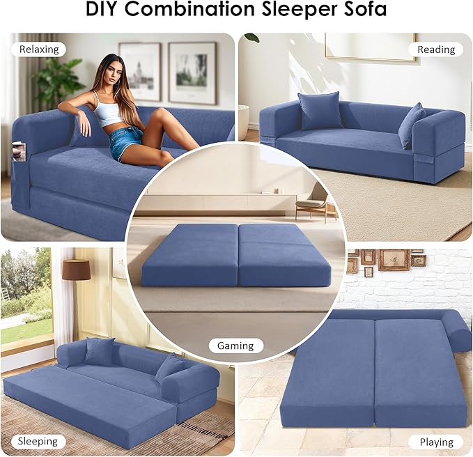 80" Convertible Sofa Bed, 3-in-1 Corduroy Folding Pull Out Couch with Pillows, No Assembly Modern Boneless Couch Compression Sofa in Box, Floor Sofa with Side Storage for Living Room,Dark Smog Blue
