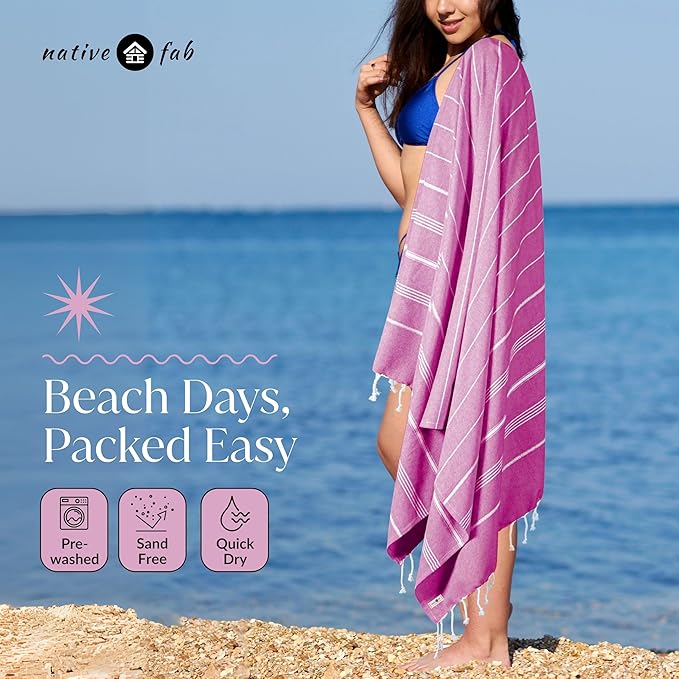 Native Fab Oversized Turkish Towels 4 Pack, Quick Dry, Lightweight, Durable, Absorbent, Sand Resistant, Multipurpose for Pool, Bath, Spa, Travel, Summer - Pink, Magenta, Indigo Blue, Grey