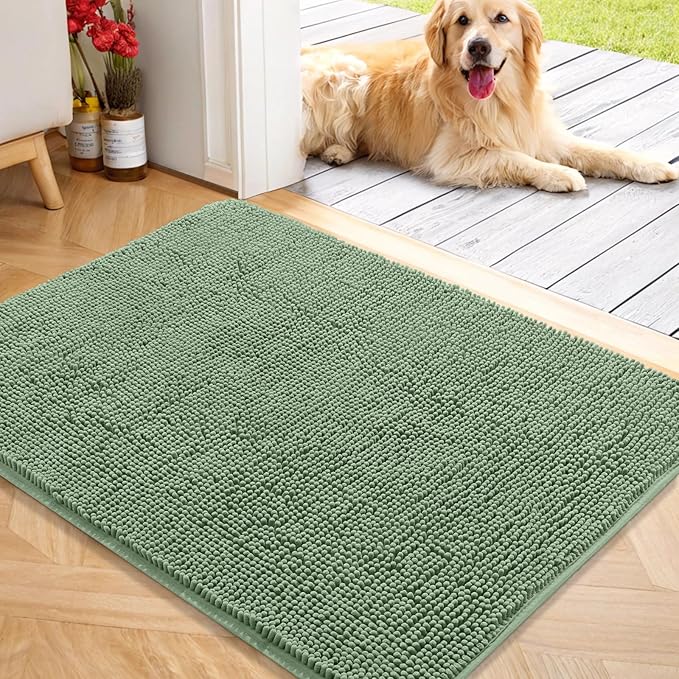 OLANLY Dog Door Mat for Muddy Paws 40x32, Absorbs Moisture and Dirt, Absorbent Non-Slip Washable Doormat, Quick Dry Chenille Mud Mat, Entry Indoor Entryway Carpet for Inside Floor, Olive Green
