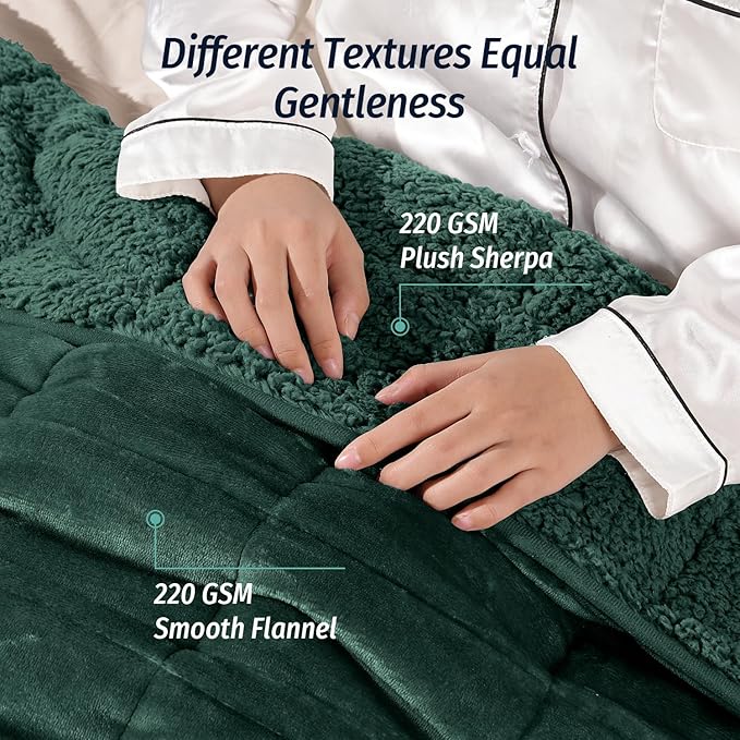 Wemore Sherpa Fleece Weighted Blanket for Adult, 15 lbs Dual Sided Cozy Fluffy Heavy Blanket, Ultra Fuzzy Throw Blanket with Soft Plush Flannel Top, 60 x 80 inches, Green on Both Sides
