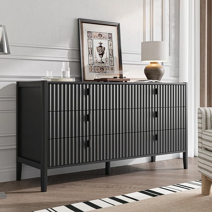 6 Drawer Dresser, Modern Chest of Drawers for Bedroom, Wood Fluted Dresser Organizer with Deep Drawers for Clothes, Nightstand for Bedroom, Hallway, Living Room, Entryway, Black