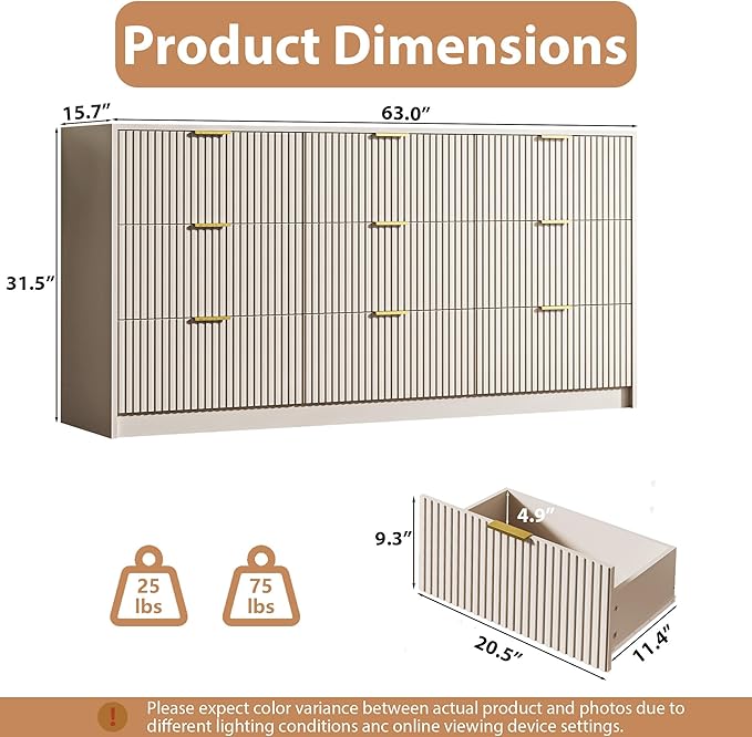 3-Piece Dresser Bedroom Set, 9 Drawer Dresser & 2 Drawer Nightstands with Gold Handles, Fluted Wood Chest of Drawers for Bedroom, Living Room, Entryway, Beige