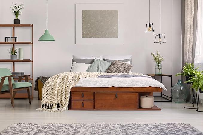 memomad Bali Storage Platform Bed with Drawers (King Size, Caramel Brown Wood)