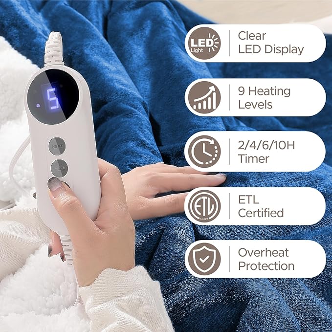 Heated Blanket 72"x84" Full Size, Dual-Sided with Soft Flannel & Sherpa Fabric, Electric Blanket with 9 Heating Levels & 2-10 Hours Auto Off, Machine Washable, Blue