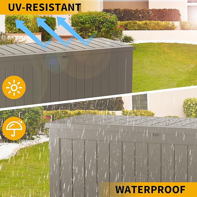Outdoor Storage Box Waterproof, 200 Gallon Lockable Resin Large Deck Box, Patio Storage Bin for Pool Accessories Cushion Furniture, Garden Tools, UV-Resistant Outside Delivery, Grey