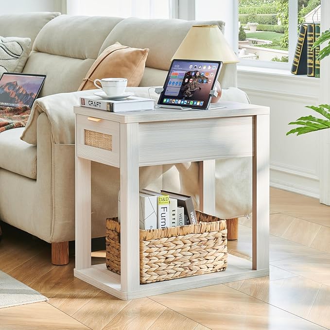 LEYAOYAO Narrow Side Table with Charging Station, Rattan Night Stand with Drawer Storage, Natural Wood Bedside End Table with Metel Handle for Small Spaces, Boho Nightstand for Living Room Bedroom