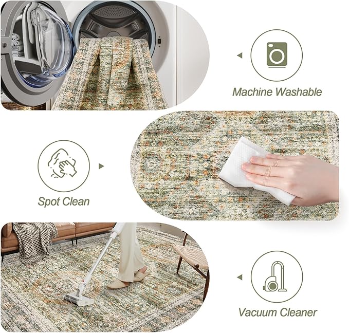 5x7 Area Rugs Green Orange Low Pile Indoor Washable Trendy Faded Style Rugs for Bedroom Living Room Dining Room Foldable Non-Slip Thin Print Mat