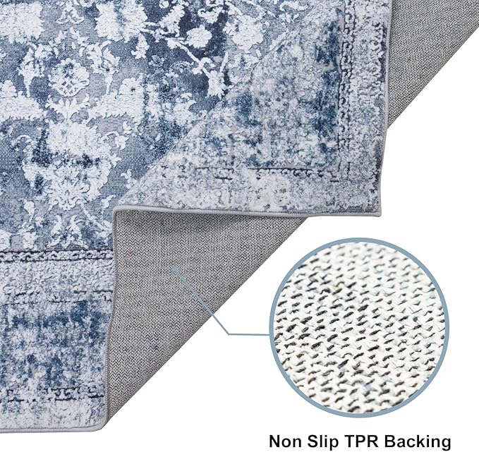 Area Rug 6×9, Large Vintage Boho Rug,Ultra-Soft Low Pile, Washable, Non Slip,Stain Resistant, Printed Carpet for Living Room Bedrooms Playroom Office Kitchen, Solid/Blue