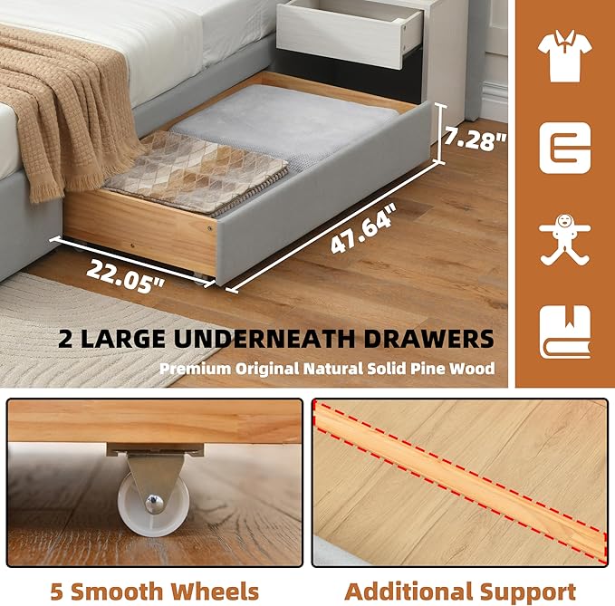 Queen Bed Frame with Storage & Built-in Nightstands, Velvet Upholstered Platform Bed Frame with Drawers & 2 Floating Storage Shelves, Noise-Free, No Box Spring Needed, Easy Assembly, Gray