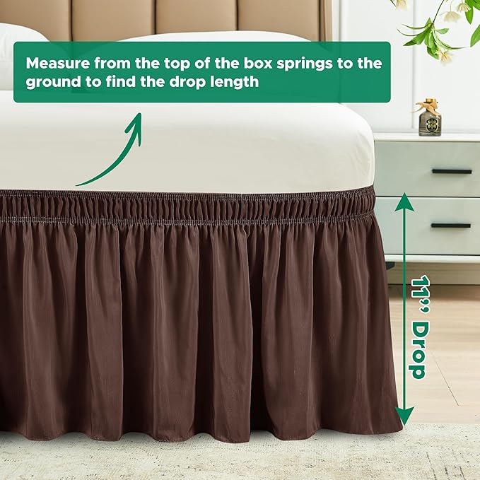 Biscaynebay Wrap Around Bed Skirts for Queen Beds 11" Short Drop, Brown Adjustable Elastic Dust Ruffles Easy Fit Wrinkle Resistant Silky Luxurious Fabric Machine Washable