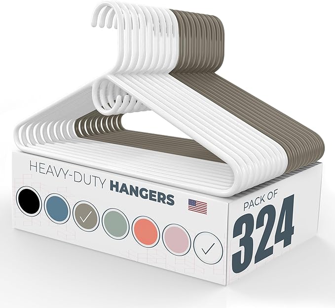Neaties Heavy Duty Clothes Hangers 100+ Pack (324 Count) – Made in The USA – 8lb Capacity Plastic Hangers for Adult Clothing – Durable for Pants, Coats, Jackets, or Jeans – White & Gray