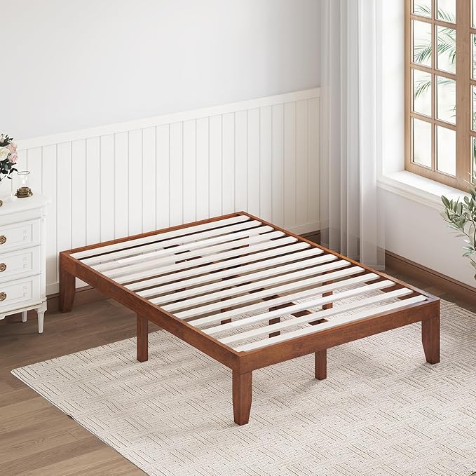 Giantex 14 Inch Full Platform Bed Frame, Minimalist Style Mattress Foundation with Solid Rubber Wood, Heavy Duty Wood Slat Support, Without Headboard, Easy Assembly, No Box Spring Needed,Walnut