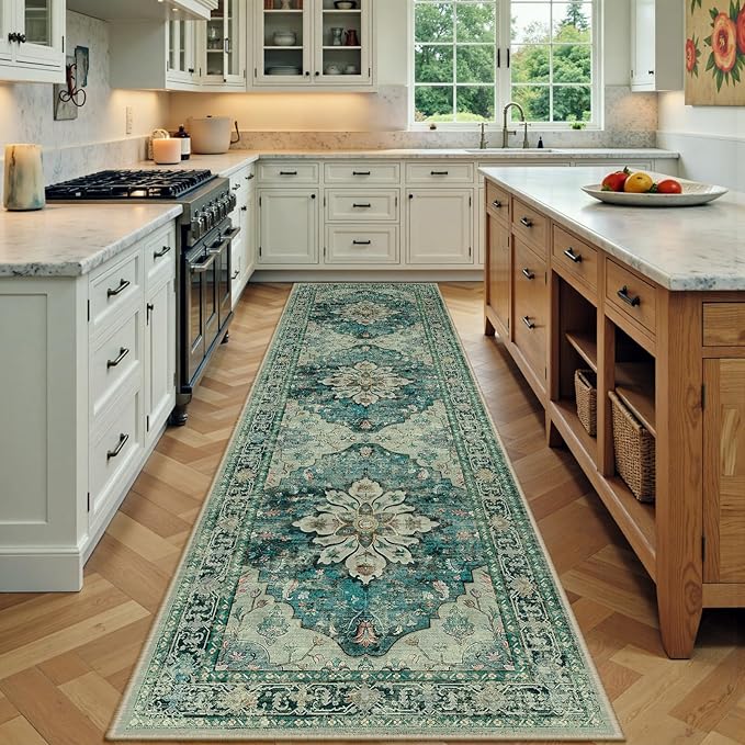 Area Rugs 2'x7' Washable Non-Slip, Floral Vintage Distress Print Pattern Medallion Carpet for Living Room Bedroom Dining Room, Dark Blue Vintage