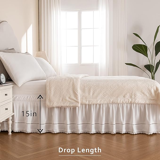 MIYE Wrap Around Ruffled Lace Bed Skirt, Elastic Dust Ruffle with Adjustable Belts,15 Inch Drop Easy to Put On, Bed Frame Cover, Machine Washable (Floral Lace, King/Queen-15)