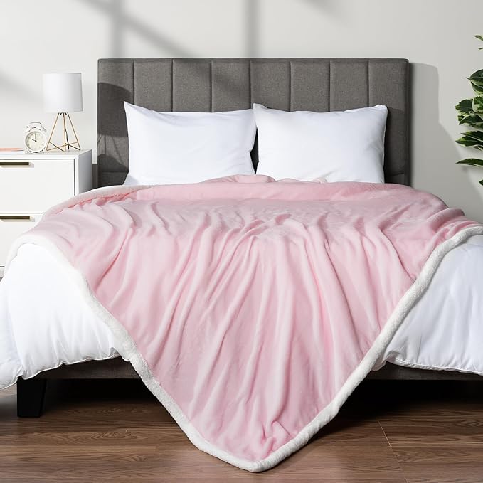 PAVILIA Sherpa Fleece Throw Blanket for Couch, Twin Size, Light Pink, Plush Soft Fuzzy Sofa Blanket, Cozy Reversible Winter Throw for Women Men, 60x80 Inches