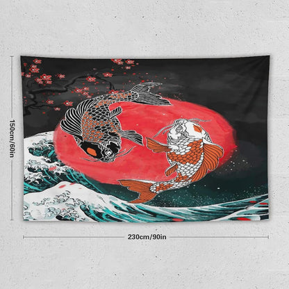 Houselerax Koi Fish Tapestries,Japanese Style Yin Yang Big Wave Cherry Blossoms Tapestry Wall Hanging for Bedroom Living Room Office Decor 90"x60"