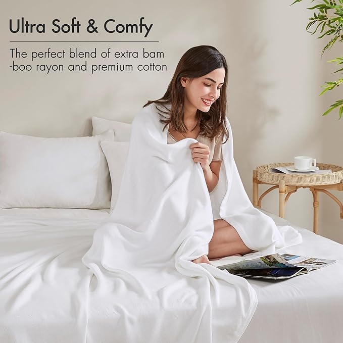 Madison Park Twin Size Blanket, 70% Rayon Bamboo-Based, 30% Cotton, Breathable for Hot Sleepers Menopause, Ultra Soft and Snag-Resistant, Summer Blanket for Bed or Couch, Twin 66"x90", White