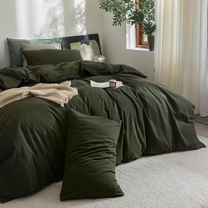 FOSSA Duvet Cover Set 100% Washed Cotton Linen Feel Super Soft Breathable Cozy Simple Style 3 Pieces Bedding Sets Solid Olive Green Oversized King Plus