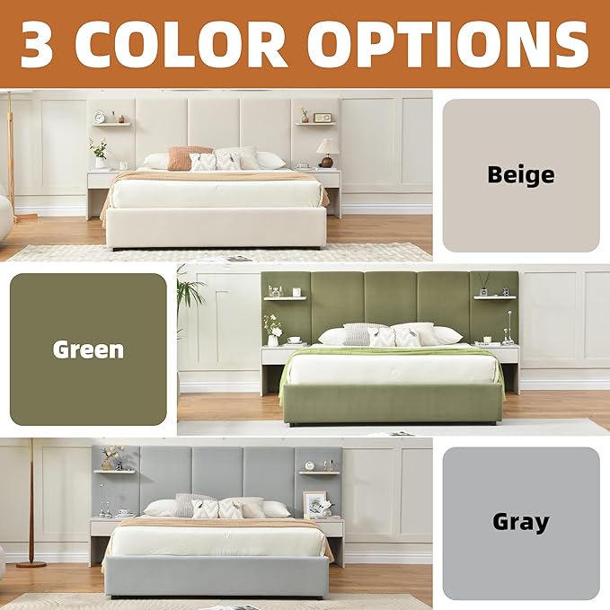Queen Bed Frame with Storage & Built-in Nightstands, Velvet Upholstered Platform Bed Frame with Drawers & 2 Floating Storage Shelves, Noise-Free, No Box Spring Needed, Easy Assembly, Green