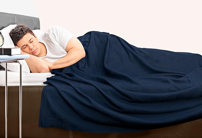 Utopia Bedding Navy 100% Cotton Blanket [Queen Size - 90x90 Inch] 350GSM Lightweight, Soft and Breathable Thermal Blanket for All Seasons