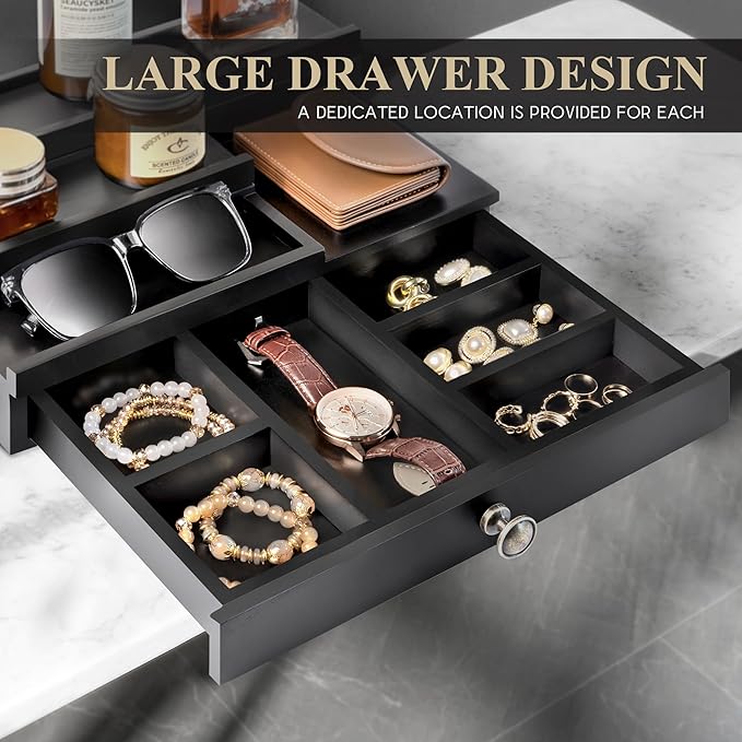 EOSAHR Modern Wooden Cologne Organizer for Men - 3 Tier Cologne Stand with Storage Drawer and Hidden Compartment - Perfume Organizer for Dresser (Black)