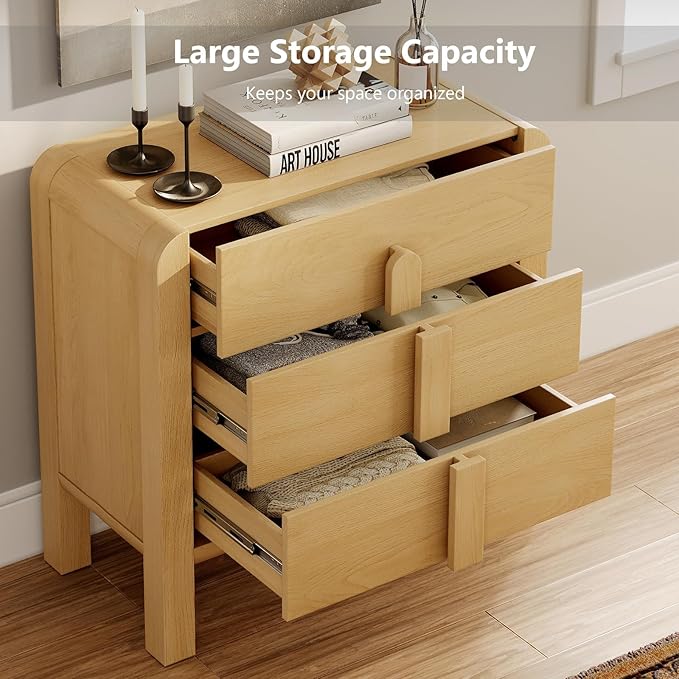 WAMPAT Modern 3 Drawer Nightstand, 31.5" Tall Nightstand End Table Bed Side Table w/Curved Profile Design, Wooden Bedroom Dresser with Large Chest of Drawers for Bedroom, Living Room, Oak