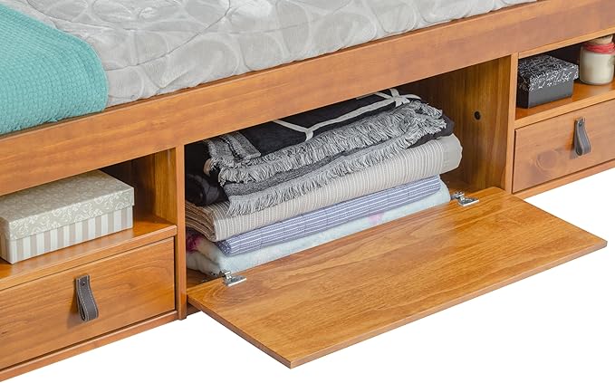 memomad Bali Slim Set: Storage Platform Bed with Drawers + Flat Panel Headboard (King Size, Oak Brown Wood)
