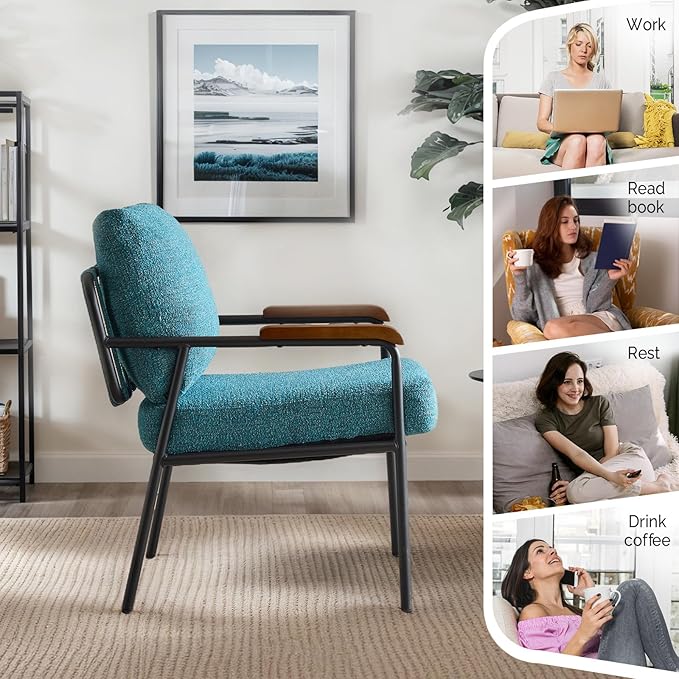 VINGLI Mid-Century Modern Accent Armchiar for Small Space, Small Comfy Upholstered Leisure Reading Chair with Wood Armrest for Bedroom, Living Room, Waiting Room, Linen Teal