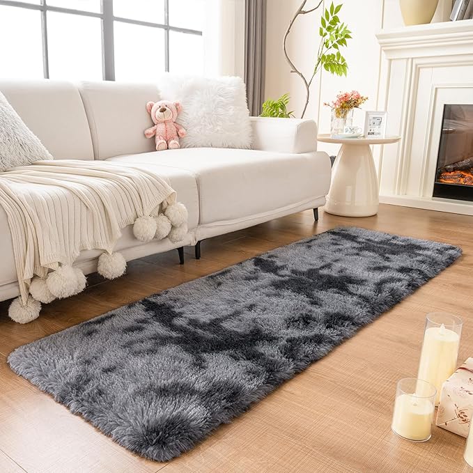 duduta Grey Plush Runner Rugs for Bedroom 2x6 ft, Tie Dye Fluffy Gray Shag Rug for Dorm Nursery Bedside, Machine Washable Non Slip