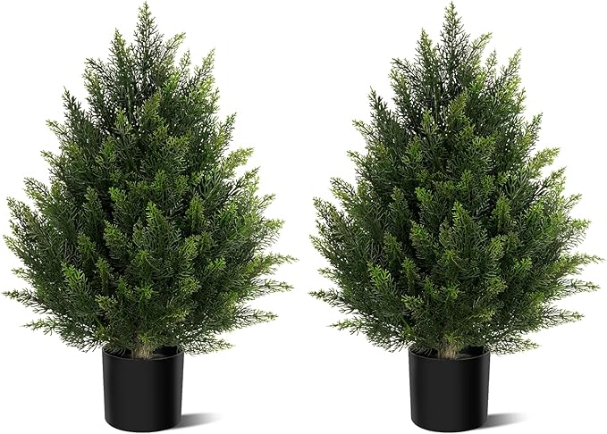 Outdoor Artificial Cedar Topiary Tree, Faux Evergreen Shrubs for Front Porch Decor, Lifelike Fake Bushes Plants for Home Living Room Front Door Decor (2, 2ft)