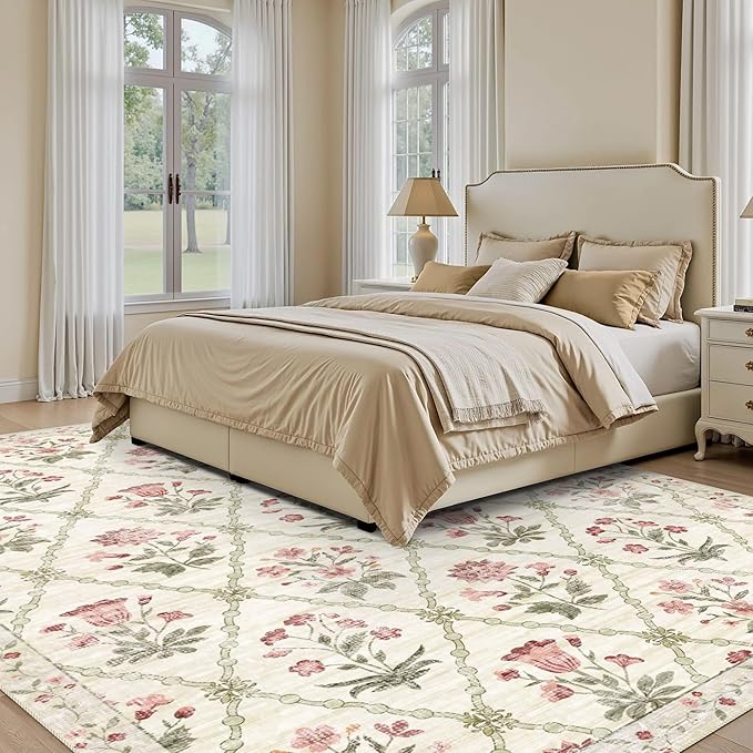 vivorug 5x7 Area Rugs - Ultra-Thin Washable Rug with Non-Slip Backing, Ideal for Living Room, Bedroom, Kitchen Floor Carpet - Modern Pink Floral, Easy Clean, Durable, Low Pile