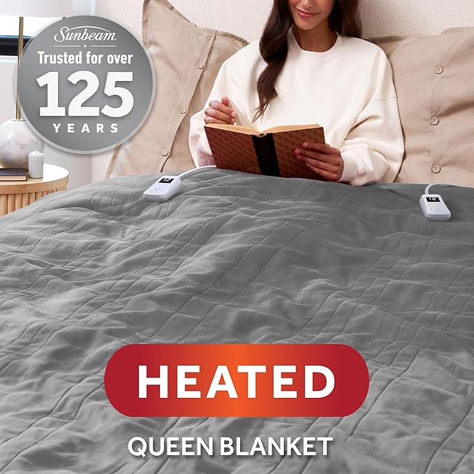Sunbeam Electric Royal Luxe Microplush Heated Blanket, 12 Heat Settings, 12-Hour Auto Shut-Off, Fast Heating, Warm & Cozy, Machine Washable, Dove Gray Color, Queen (90" x 84")