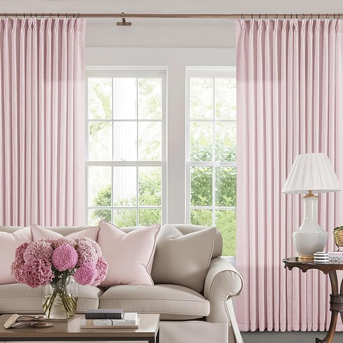 Dusty Pink Linen Pinch Pleated Curtains 90 Inch Length 2 Panels for Girls Bedroom Nursery Kids Soft Thick Linen Window Curtains 90 Inches Long Semi Sheer Light Filtering for Living Room Blush Pink