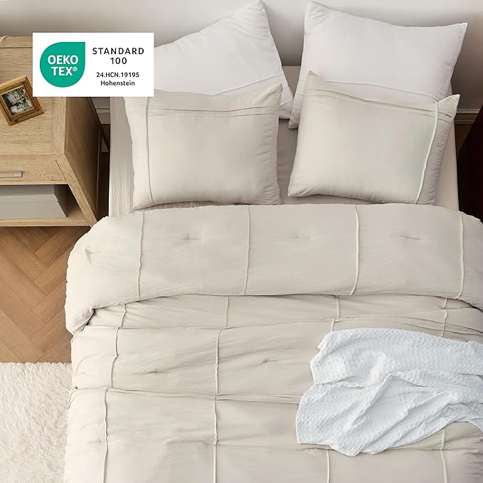 Bedsure Beige Queen Comforter Set - 4 Pieces Grid Pleated Bed Set, Down Alternative Bedding Sets for All Season, 1 Comforter, 2 Pillowcases, 1 Decorative Pillow