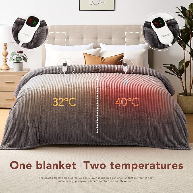 Homemate Electric Heated Blanket King Size - 100"x90" Heating Blanket King Size Dual Control 1/2/4/6/8 Hours Auto-Off 10 Heat Level Over-Heat Protection Soft Flannel Sherpa ETL Certification