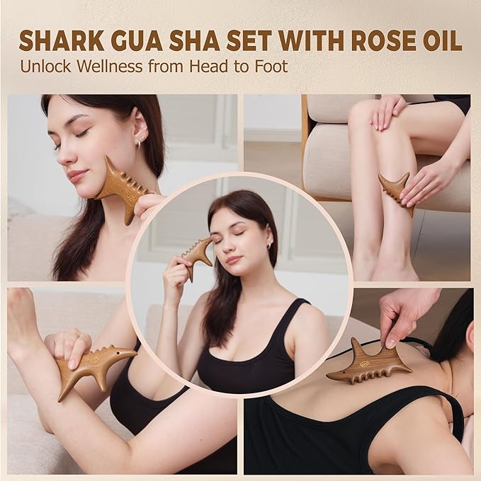 Body Gua Sha Tool Set with Rose Oil – Wood Therapy Massage Tools for Body & Face, Lymphatic Drainage Massager for Relaxation, Deep Tissue Massage & Foot Care, Self Care Gift for Women