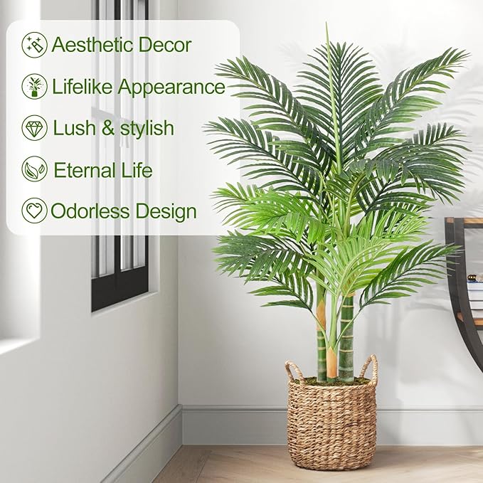 4ft Tall Triple Golden Cane Palm Artificial Tree 48" Large Tropical Palm Tree UV Resistant Fake Tree in Pot for Indoor Outdoor Big House Living Room Outside Patio Office Home Decor 2Pack