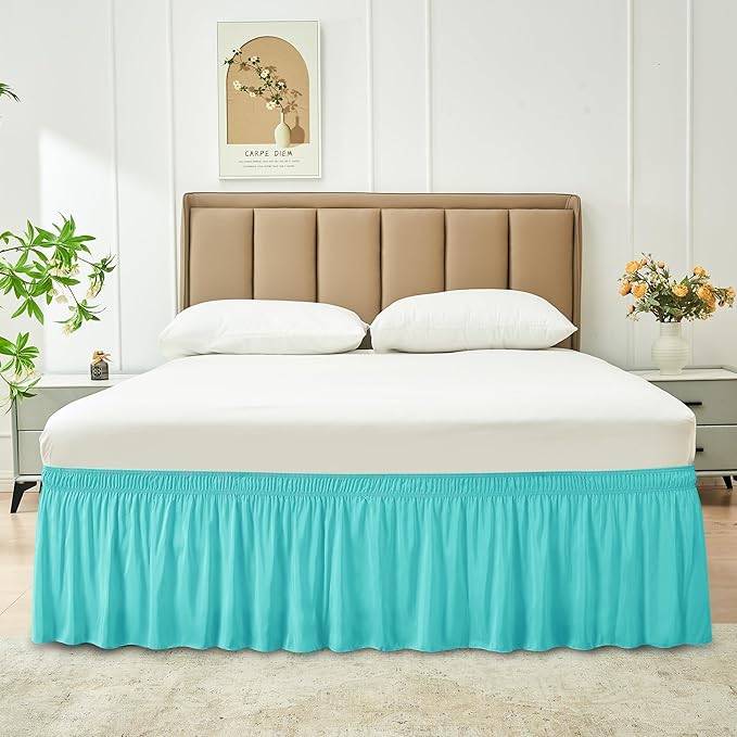 Biscaynebay Wrap Around Bed Skirts for King & Cal King Beds 18" Drop, Aqua Adjustable Elastic Dust Ruffles Easy Fit Wrinkle Resistant Silky Luxurious Fabric Machine Washable