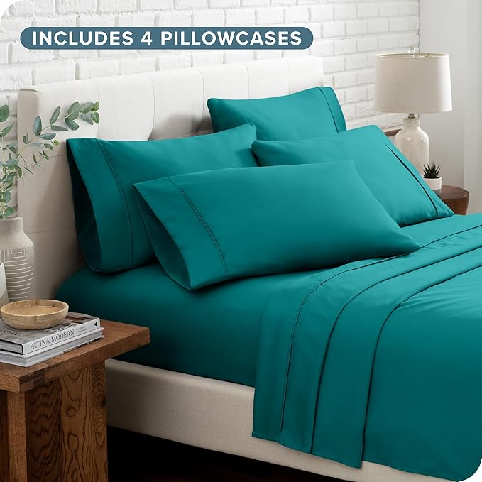 Bare Home Hotel Luxury Queen Sheet Set, Extra Soft - 6 Piece Set - Deep Pockets - Easy Fit - Cooling & Breathable - Wrinkle, Fade, Stain Resistant - Includes 4 Pillowcases (Queen, Emerald)