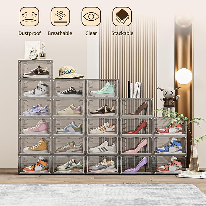 6 Pack XX Large Shoe Organizer, Heavy-Duty Hard Thicken Plastic Clear Stackable Shoe Storage Box Organizer for Closet, Space-Saving Shoe Rack Display Case Bin Containers for Sneakers, Grey