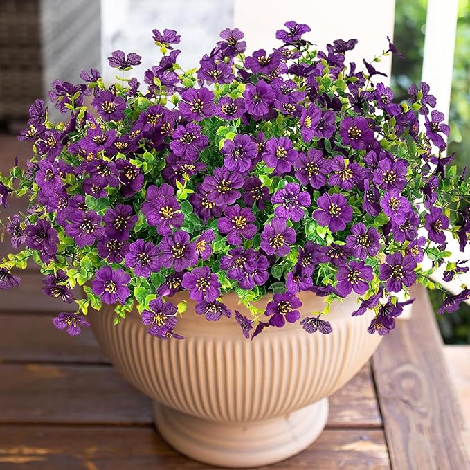 HyeFlora Artificial Flowers for Outdoor Indoor Garden Home Decoration, Faux Flower Daisy with Eucalyptus Leaves Fake Plants Greenery Boxwood Porch Patio, 12 Bundles (Purple 2)