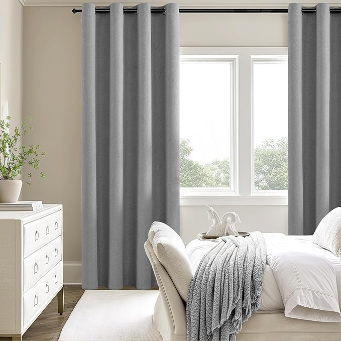 ChrisDowa 100% Blackout Grey Solid Curtains 90 Inches Long 2 Panels for Bedroom Living Room,Farmhouse Room Darkening Thermal Insulated Soundproof Grommet Top Window Treatment Drapes,52x90