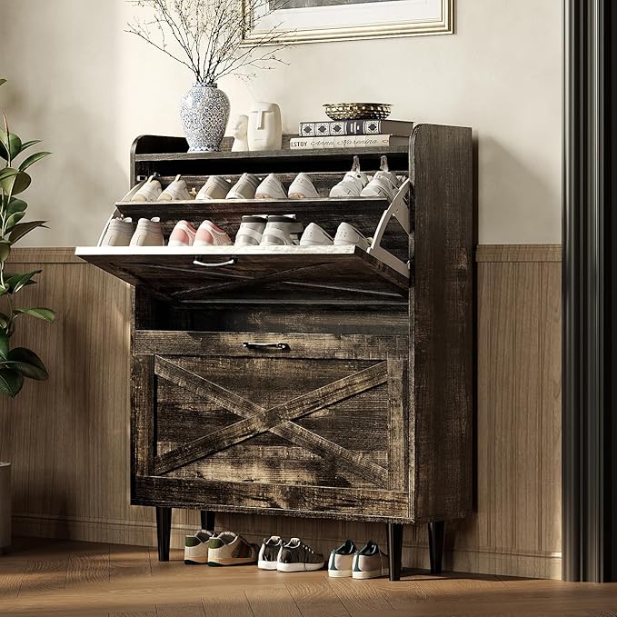 VINGLI Shoe Storage Cabinet for Entryway with 2 Flip Drawers, Ultra Slim Freestanding Entryway Shoe Organizer with Wood Tapered Legs,Hidden Closed Shoe Rack,31.6"W * 9.4"D * 39.4"H, Dark Rustic Oak