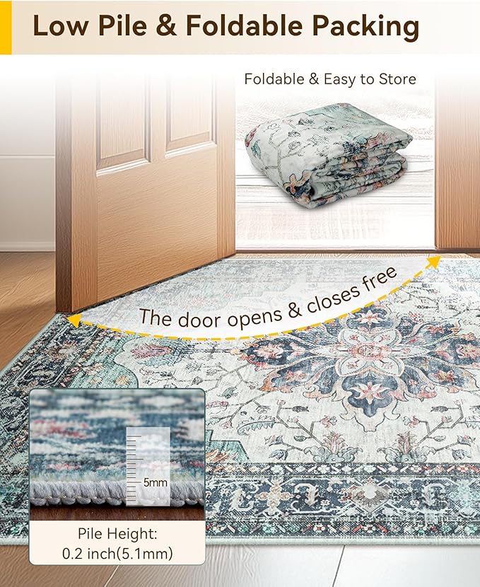 Area Rugs 8'x10' Washable Non-Slip, Floral Vintage Distress Print Pattern Medallion Carpet for Living Room Bedroom Dining Room, Green Navy Blue White Red Teal Colorful