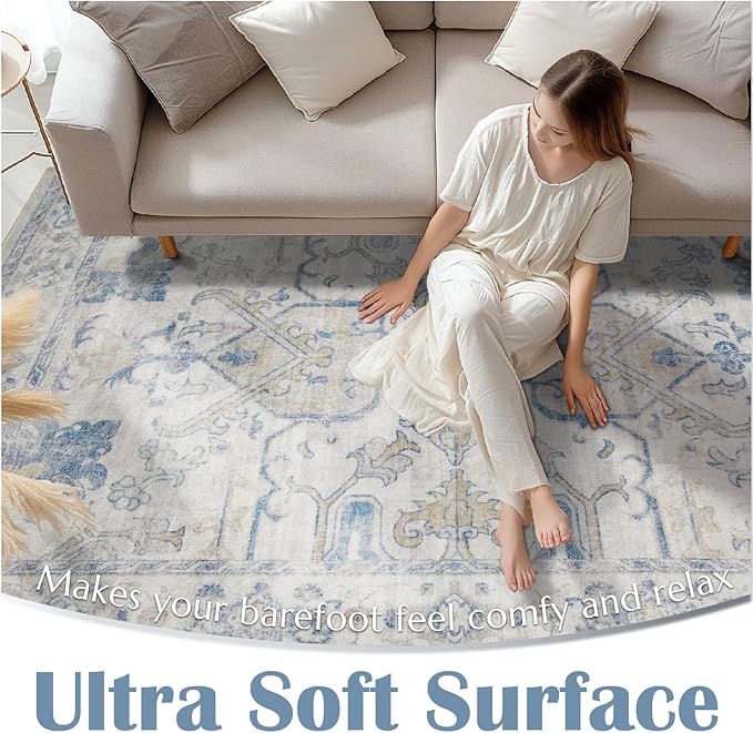 jinchan Hallway Runner Rug 2x8 Machine Washable - Vintage Floral Non-Slip Low-Pile Soft Ultra-Thin Faux Wool Kitchen Rug Distressed Carpet Runner for Farmhouse Bedroom Laundry Room (2x8ft, Blue)
