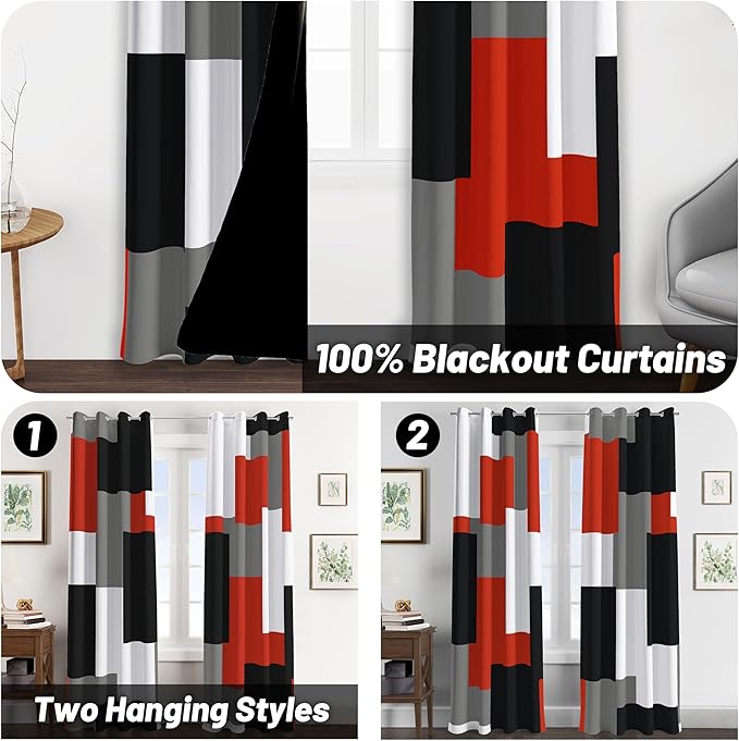 Red Black 100% Blackout Curtains for Bedroom 84 inch Long 2 Panels Set Modern Abstract Geometric Black Out Living Room Curtains Christmas Red Thermal Room Darkening Window Drapes, 52Wx84L
