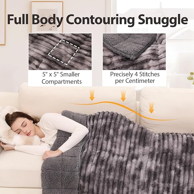 Sherpa Fleece Weighted Blanket with 3D Ribbed Stripes, 15 lbs Soft Flannel Heavy Throw Blanket for Couch Full Size Bed, Heavy Thick Blankets with Ceramic Beads, Great for Deep Sleep, 60" x 80"