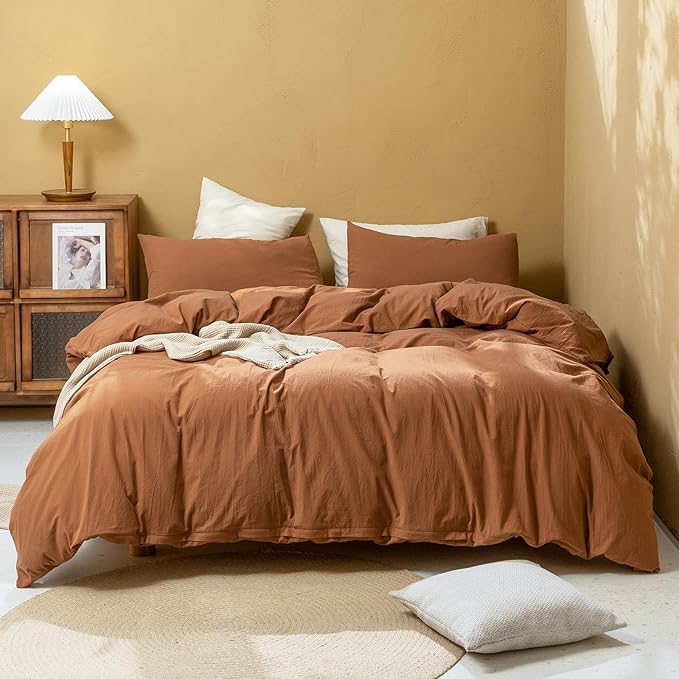 FOSSA Linen Duvet Cover Set 100% Washed Cotton Linen Feel Super Soft Breathable Cozy Simple Style 3 Pieces Bedding Sets Solid Dark Orange Super King Plus